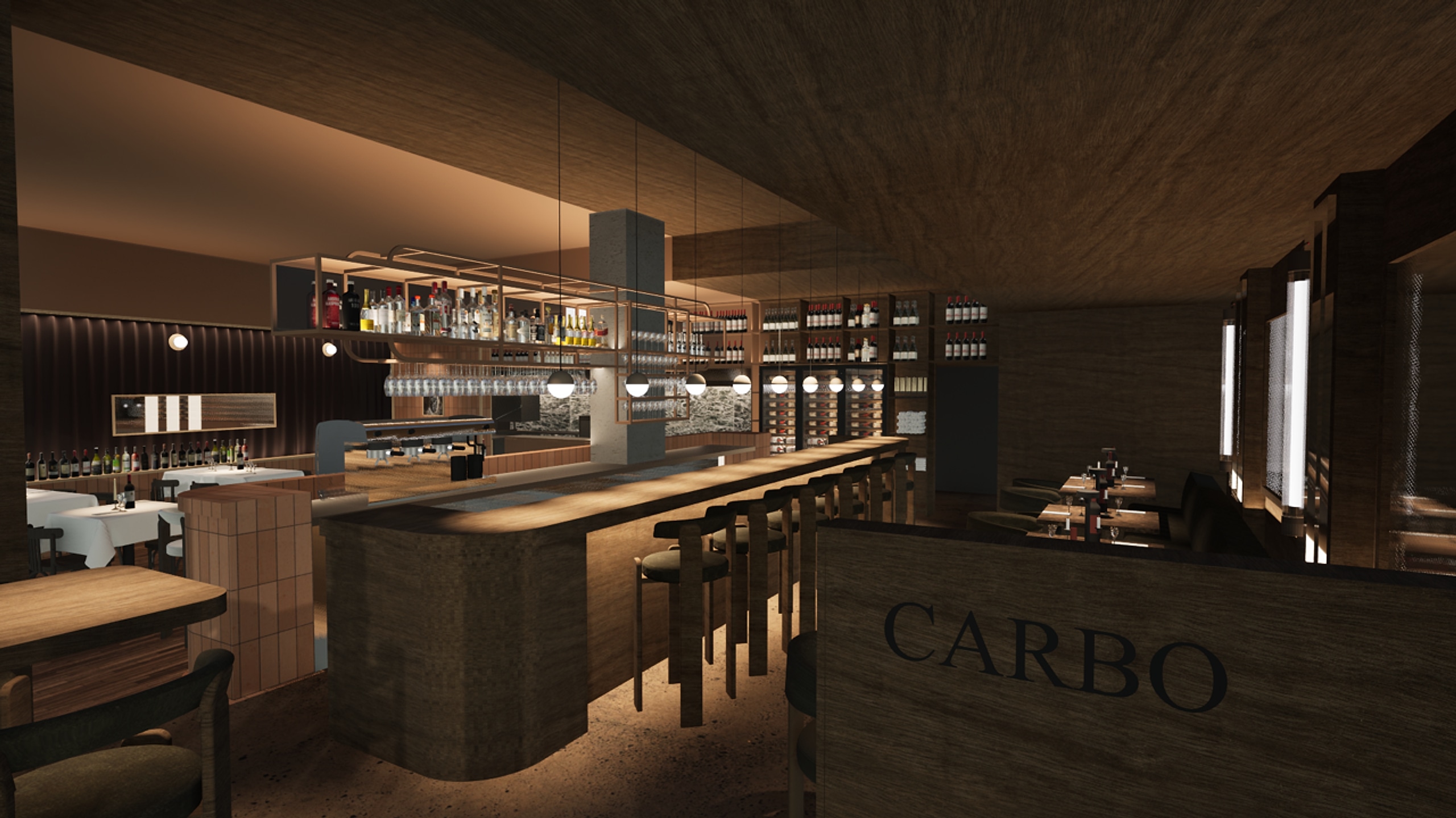 De bar van CARBŌ, met de naam in het hout gegraveerd