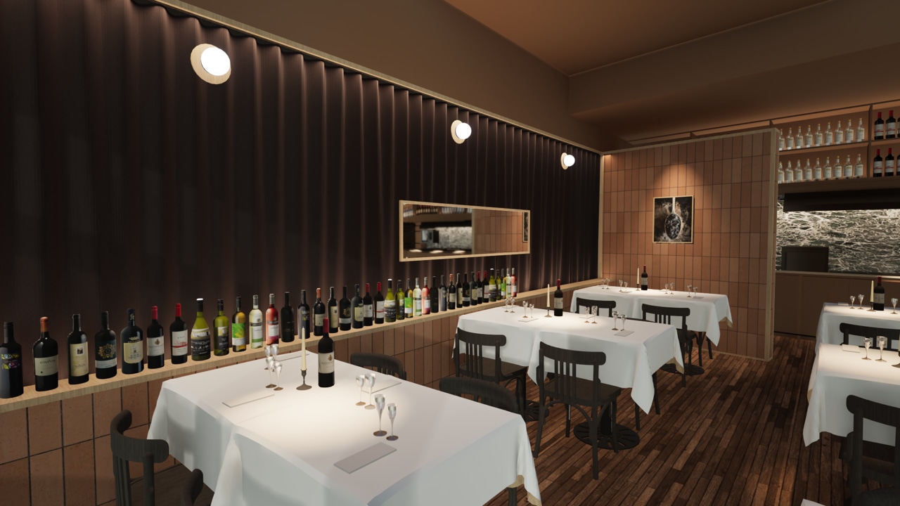 De achterzaal met lange tafel en een richel vol wijnflessen